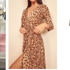 New Reformation Alessandra Long Sleeve Maxi Wrap Dress Cat Cheetah Print